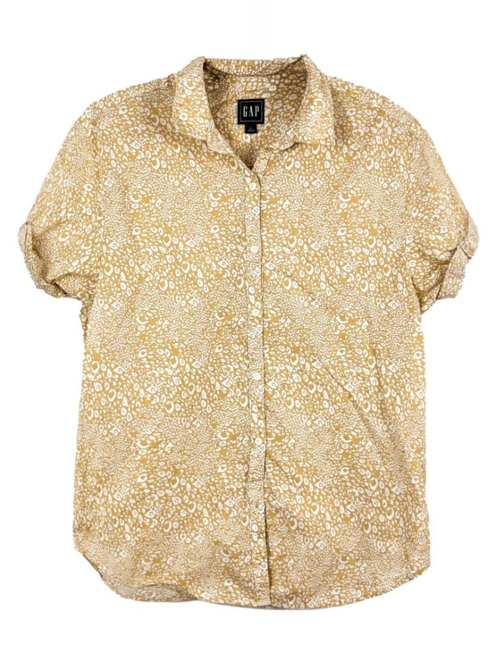GAP Small Yellow Button Up Short Sleeve Top Animal Print 100% Cotton Preppy